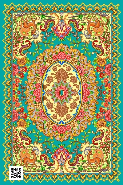 alt="طرح بهار ختایی - نقشه سنتی و عددی فرش با نقوش ختایی و رنگ فیروزه‌ای و طلایی"